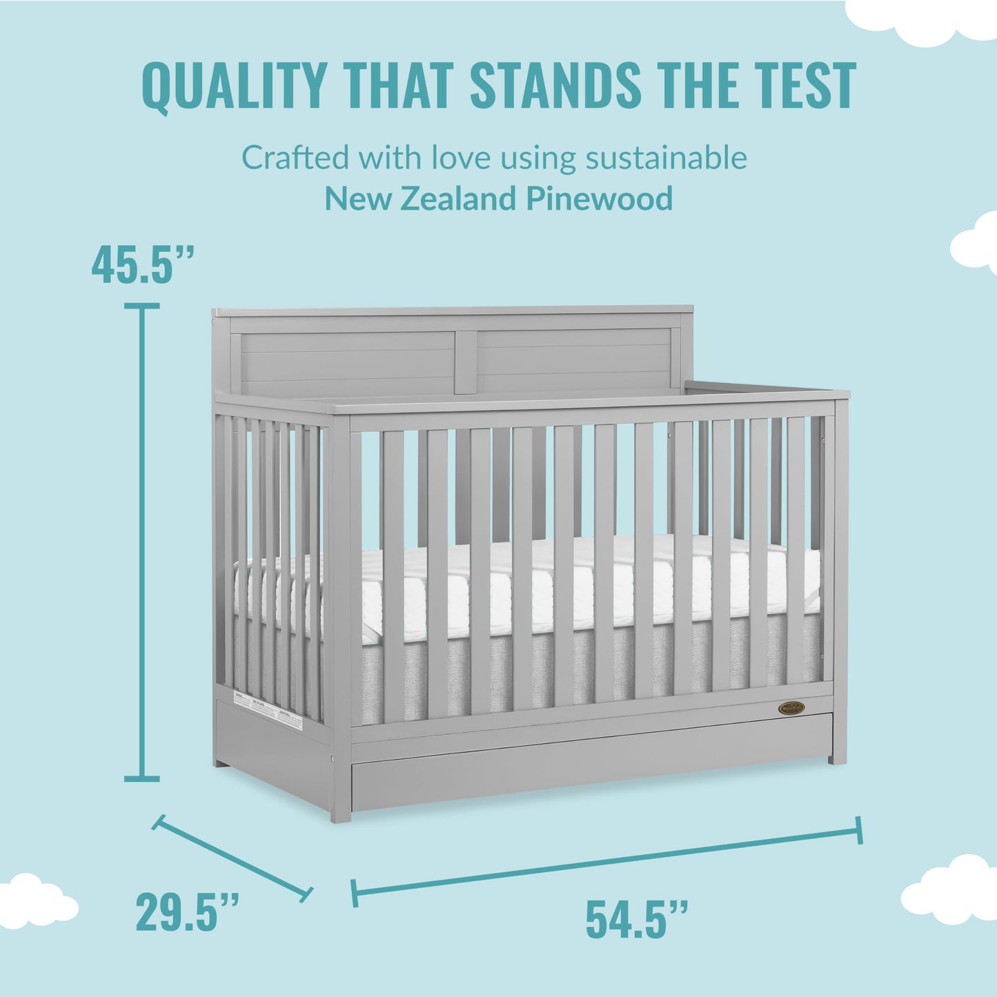 Dream On Me JPMA & Greenguard Gold Certified Reign 5 in 1 Convertible Crib with Under Drawer in Pebble Grey, Made of Sustainable Pinewood, Non-Toxic Water-Based Paint Finish - WoodArtSupply