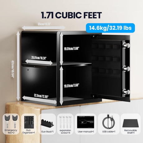 Grimtron Gun Safe for Handgun - (1.72 cu. ft.) Adult Multiple Pistol Safe 【Gun Organizer & Gun Rack】Money Safe Box with Silent Mode, Home Safe with Backlit Keypad, LED Light, Gun Vault for Anti-Rust Grimtron