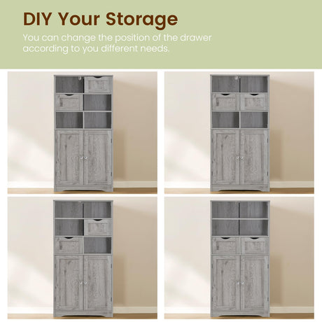 Iwell Tall Storage Cabinet with 2 Drawers & Adjustable Shelves, Bathroom Cabinet with Doors, Cupboard, Floor Cabinet for Living Room, Dining Room, Entryway, Grey Iwell