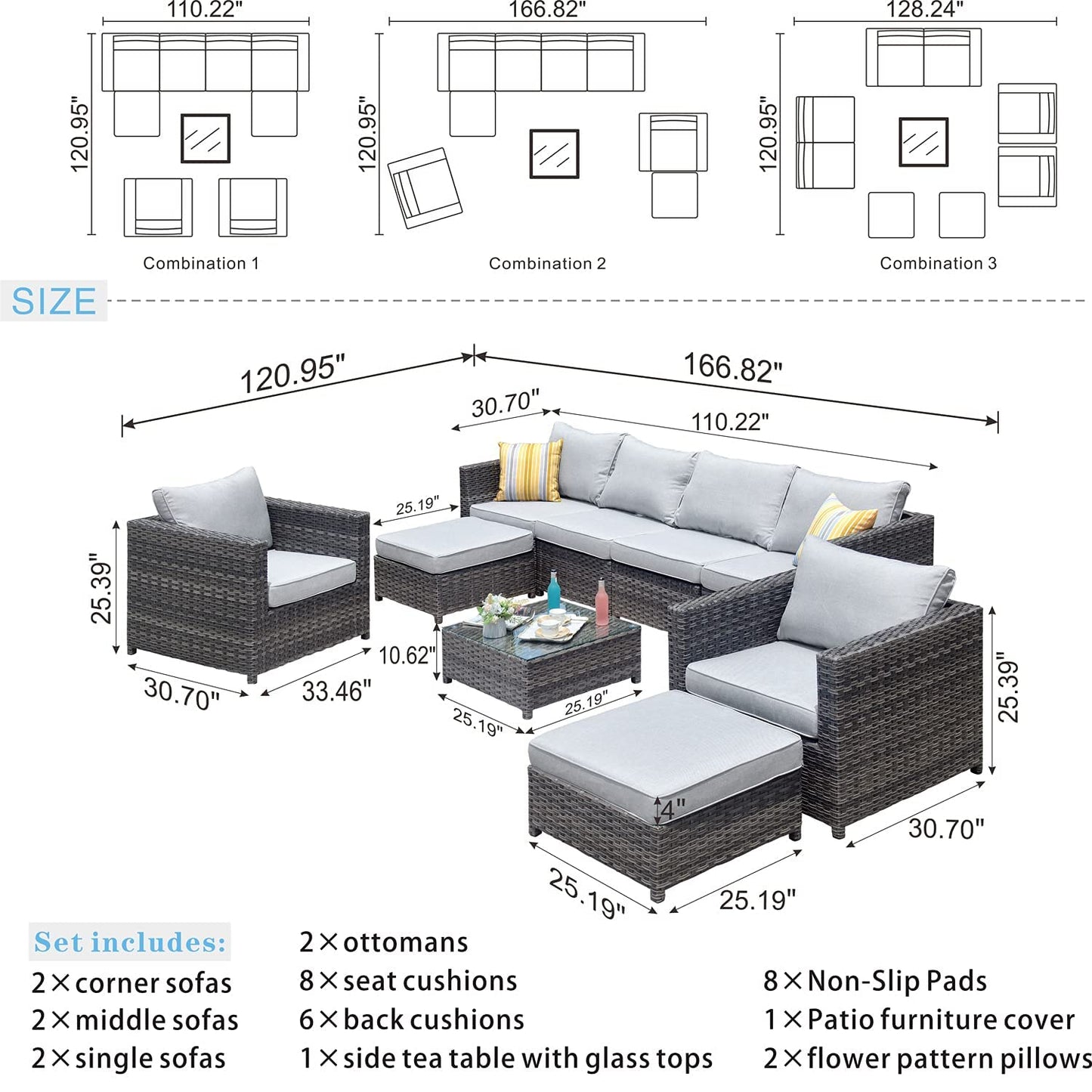 ovios Patio Furniture Set 9 Pieces Outdoor Conversation Set All Weather Wicker Rattan Sectional Sofa Sets with Patio Chairs Fully Assembled Furniture, Big Size, Grey Wicker, Grey - WoodArtSupply