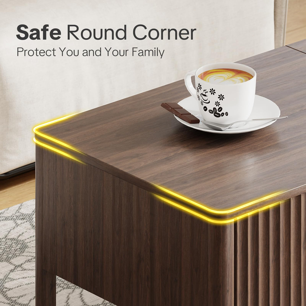 Fluted Lift Top Coffee Table for Living Room, Small Coffee Table with Storage Hydraulic Lift Large Capacity, Sturdy Legs Safe Round Corner, Easy Assembly for Small Spaces, Vertical Grain-Brown RUMBALUXY