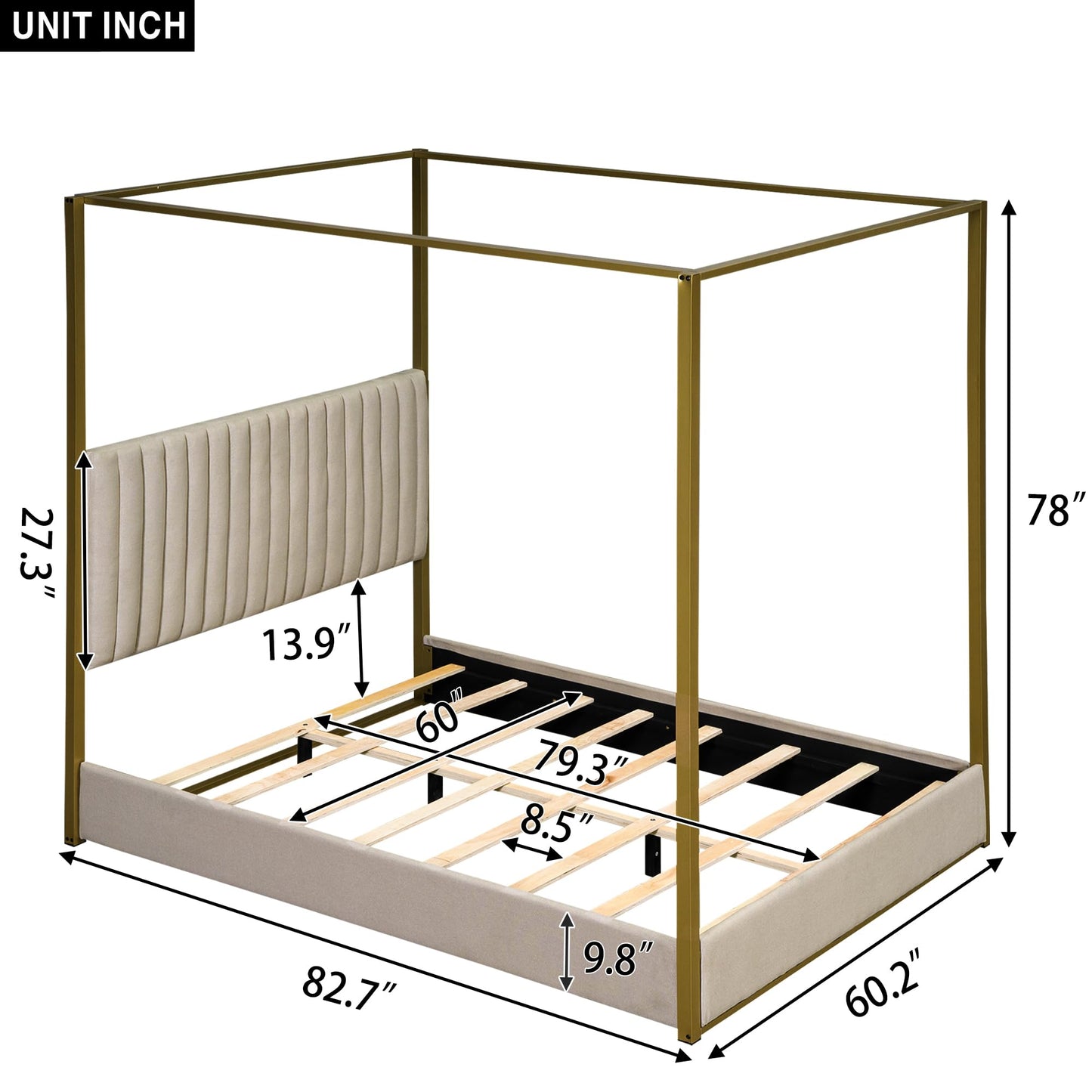 Mirightone Queen Canopy Bed Frame with Upholstered Headboard – Stylish 4 Poster Metal Platform Bed in Beige - WoodArtSupply