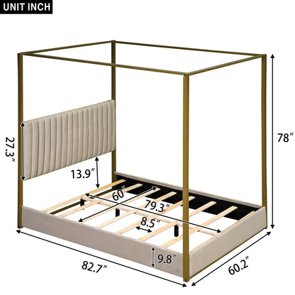 Mirightone Queen Canopy Bed Frame with Upholstered Headboard – Stylish 4 Poster Metal Platform Bed in Beige - WoodArtSupply