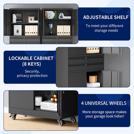 Yizosh Metal Garage Storage Cabinet with Locking Doors and Adjustable Shelves, Rolling Tool Storage Cabinet with 4 Wheels and 2 Drawer - 74" Steel Locking Cabinet for Garage, Warehouse Yizosh