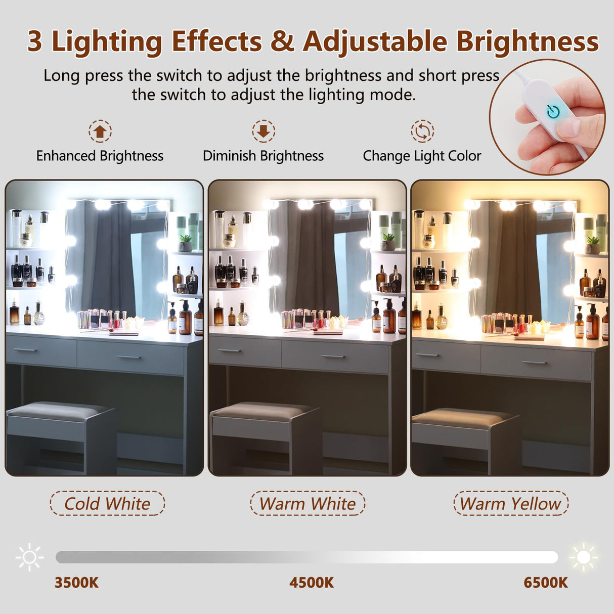 usikey Makeup Vanity with Mirror and 10 LED Lights, Vanity Makeup Table Set with 2 Drawers and Open Shelves, Makeup Vanity Desk Dressing Table with Cushioned Stool, White usikey