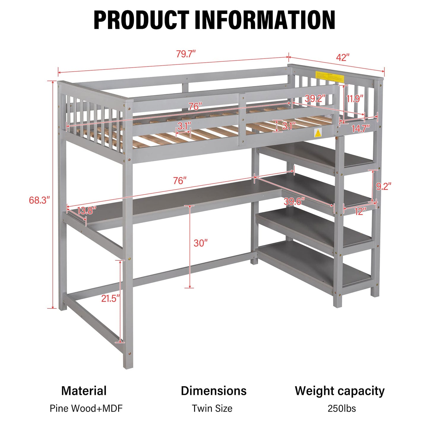 Merax Grey Twin Loft Bed with Under-Bed Desk and 4 Storage Shelves - WoodArtSupply