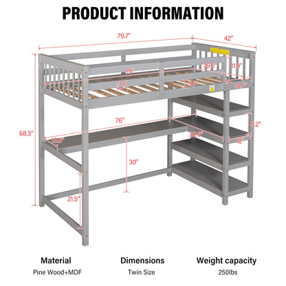 Merax Grey Twin Loft Bed with Under-Bed Desk and 4 Storage Shelves - WoodArtSupply