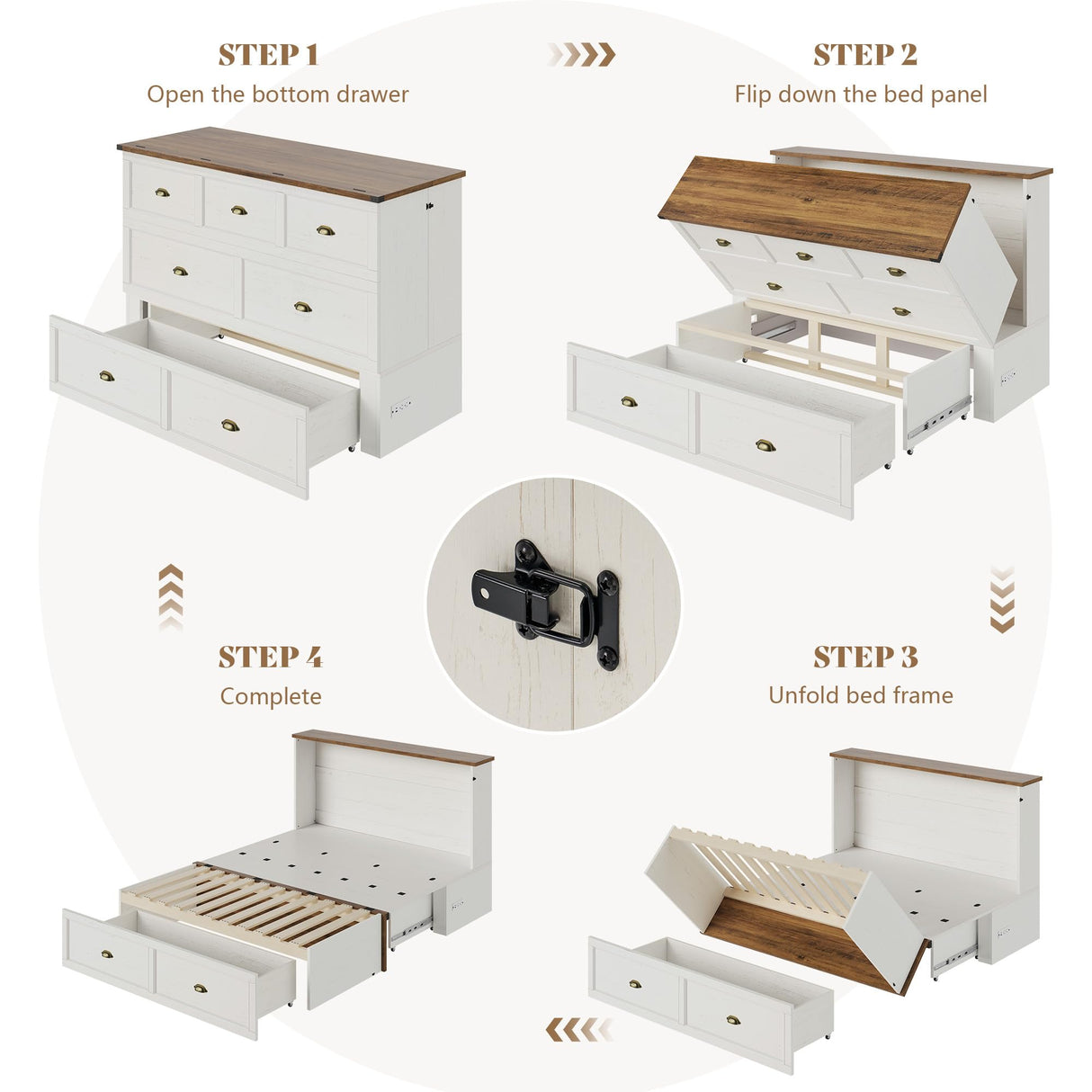 AMERLIFE Queen Size Murphy Bed, Farmhouse Cabinet Bed Frame with Charging Station and Storage Drawer for Bedroom/Office/Guest Room, White+Barnwood AMERLIFE