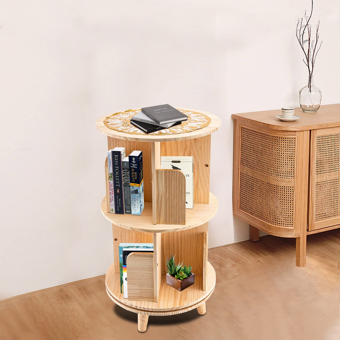 Kebayuneth 2-Tier Rotating Wooden Bookshelf - Multi-Functional Display and Storage Rack - WoodArtSupply