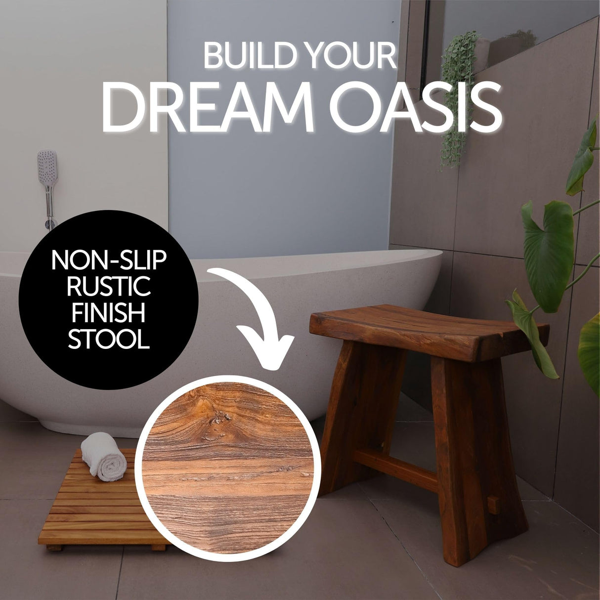 NORDIC STYLE TEAK Shower and Bath Stool, Teak Wood Shower Bench, Indoor and Outdoor Use 17.7" (Rustic Finish w/Curved Seat) NORDIC STYLE TEAK