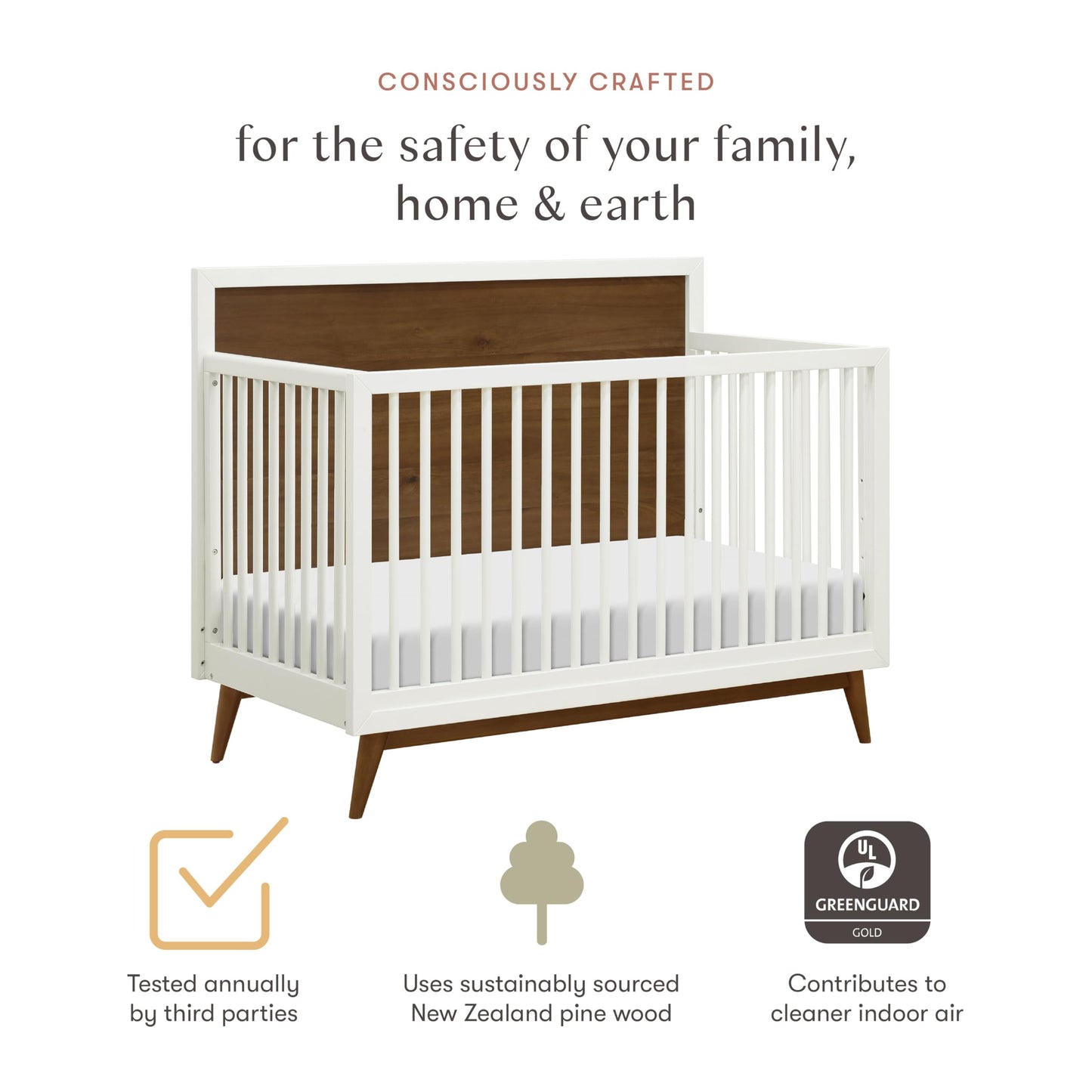 Babyletto Palma 4-in-1 Convertible Crib with Toddler Bed Conversion Kit in Warm White/Natural Walnut, Greenguard Gold Certified