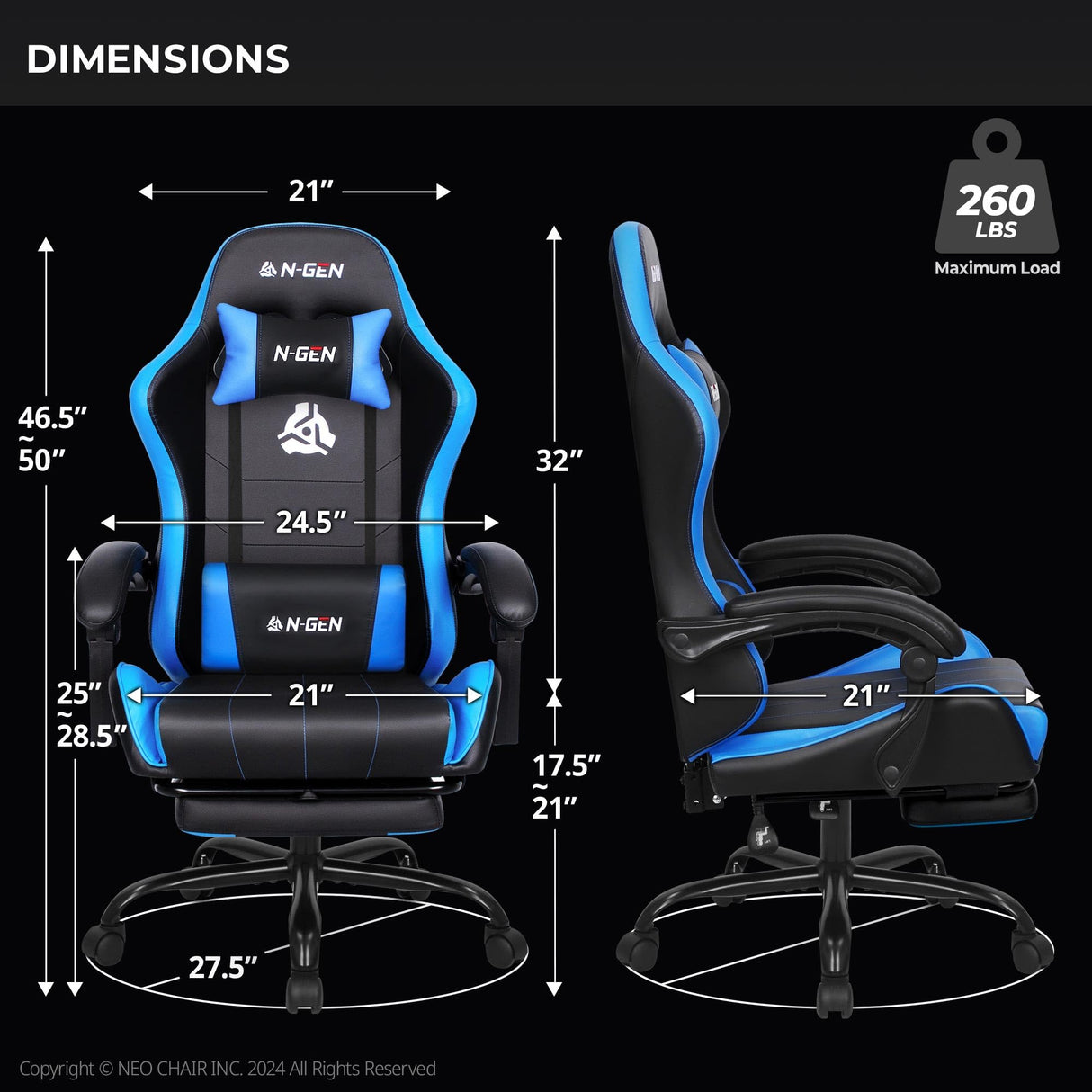N-GEN Video Gaming Chair with Footrest High Back Ergonomic Comfortable Office Computer Desk with Lumbar Support Height Adjustable with PU Leather Recliner for Adults Women Men (Blue) NEO CHAIR