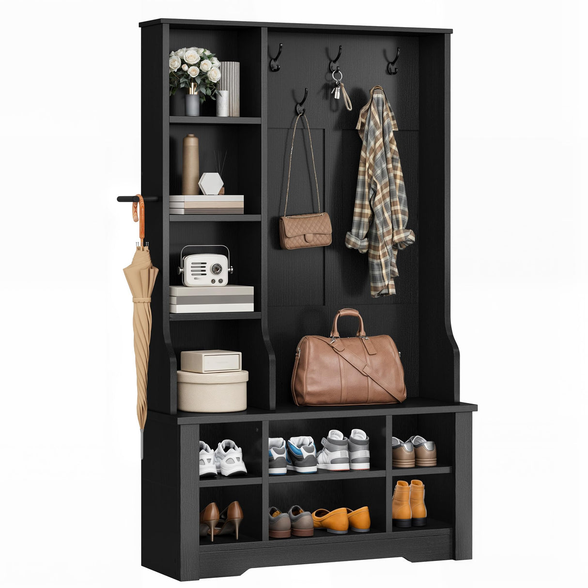 DWVO 39" Hall Tree with Bench and Shoe Storage, 6 Shoe Cubbies & 5 Coat Hooks, 4 Side Storage Cubbies, Entryway Bench with Coat Rack for Entryway Hallway Bedchamber Narrow, Adjustable Shelf (Black) DWVO