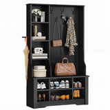 DWVO 39" Hall Tree with Bench and Shoe Storage, 6 Shoe Cubbies & 5 Coat Hooks, 4 Side Storage Cubbies, Entryway Bench with Coat Rack for Entryway Hallway Bedchamber Narrow, Adjustable Shelf (Black) DWVO