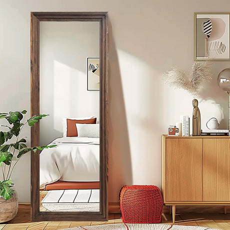 ABSWHLM Full Length Mirror 65"x24" Solid Wood Frame Floor Large Mirror for Living Room, Bedroom Hanging or Leaning Wall-Mounted, Brown ABSWHLM