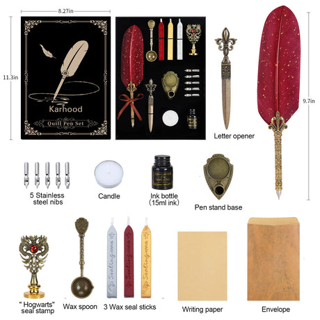 Karhood Quill Pen and Ink Set - Feather Calligraphy Dip Pen with Wax Seal Stamp Kit and 5 Nibs (Red) Karhood