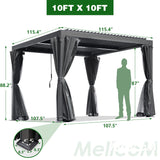 MELLCOM Louvered Pergola - 10x10 Aluminum Pergola with Adjustable Louvered Roof, Waterproof Curtains and Nets, Gray MELLCOM