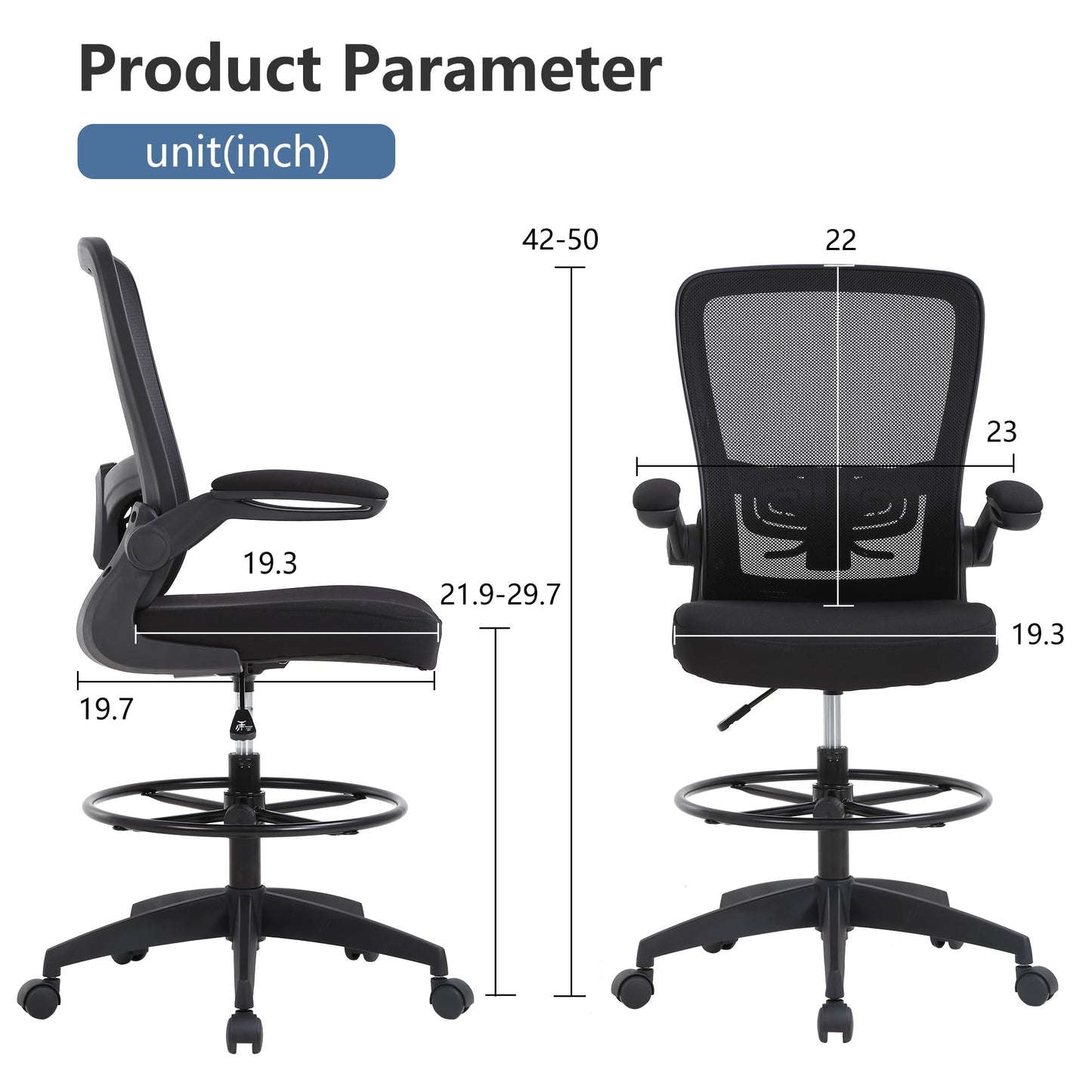 PayLessHere Ergonomic Drafting Chair Tall Office Chair High Adjustable Standing Desk Chair with Lumbar Support Mesh Back Footrest Flip-Up Arms for Office Computer Desk Standing Desk (Black) - WoodArtSupply