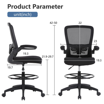 PayLessHere Ergonomic Drafting Chair Tall Office Chair High Adjustable Standing Desk Chair with Lumbar Support Mesh Back Footrest Flip-Up Arms for Office Computer Desk Standing Desk (Black) - WoodArtSupply