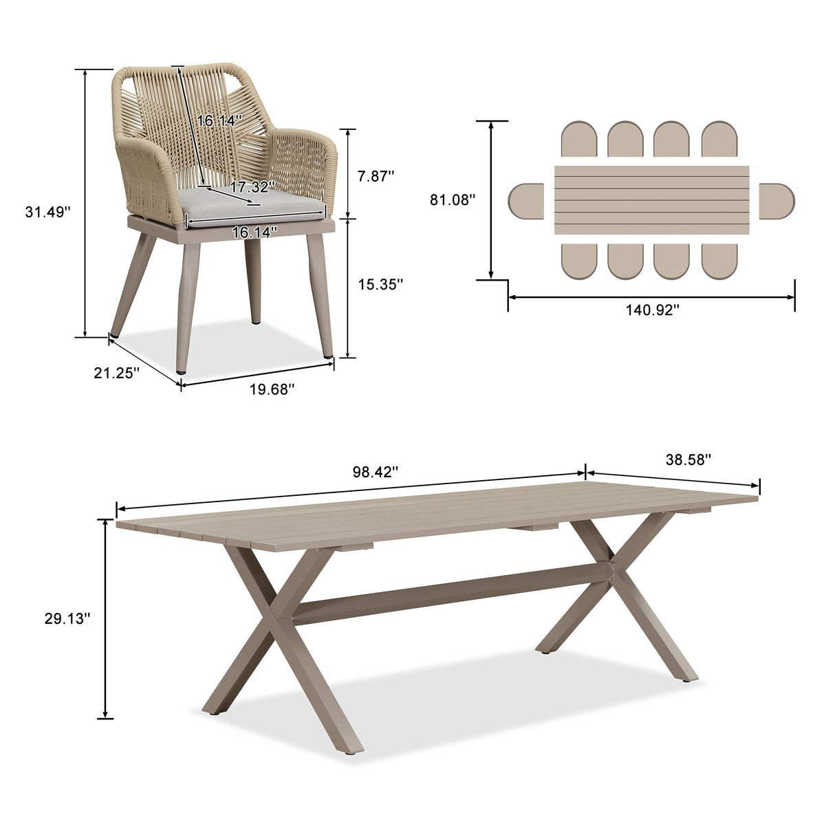 PURPLE LEAF 11 Pieces Outdoor Dining Set All-Weather PE Rattan Outdoor Patio Furniture Set with All Aluminum Frame Rectangular Table and Chairs Set for Lawn Garden Backyard Deck, Champagne PURPLE LEAF
