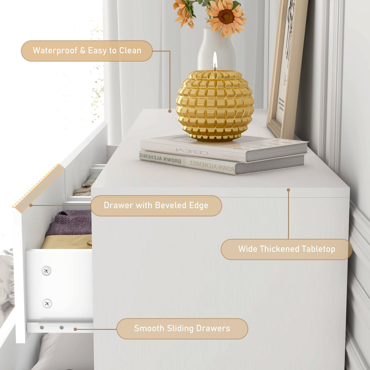 White Malm Dresser for Bedroom, 55 Inch Long Dresser High Gloss Dresser with 7 Drawers, Modern Large Wood Chest of Drawer Handle Free, Dresser for Kids Bedroom, Living Room, Entryway, Hallway, White jiteentarou