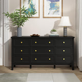 CARPETNAL Black Dresser for Bedroom, 9 Drawer Dresser with Wide Drawers and Gold Metal Handles, 59" White and Gold Dresser TV Stand, Modern Dressers & Chests of Drawers for Hallyway, Entryway. CARPETNAL