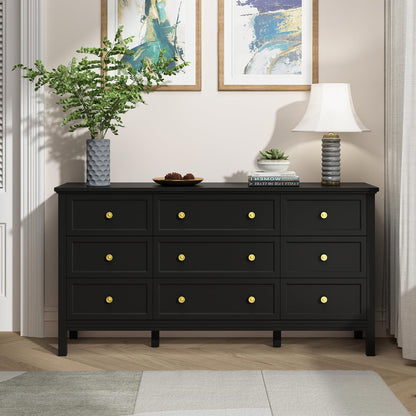 CARPETNAL Black Dresser for Bedroom, 9 Drawer Dresser with Wide Drawers and Gold Metal Handles, 59" White and Gold Dresser TV Stand, Modern Dressers & Chests of Drawers for Hallyway, Entryway.