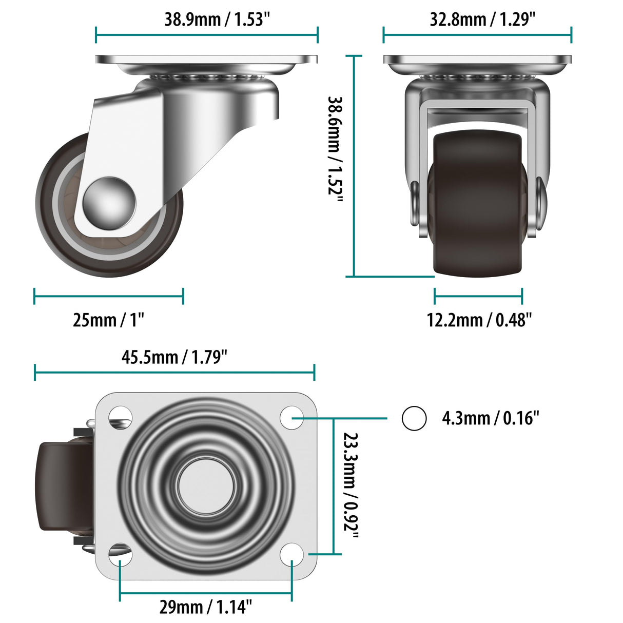 HOLKIE 1 inch Small Caster Wheels for Furniture Low Profile Casters Set of 4 Total Capacity 90 Lbs Perfect Wheels for Small Project、Nightstand、Side Table (No Brake) HOLKIE
