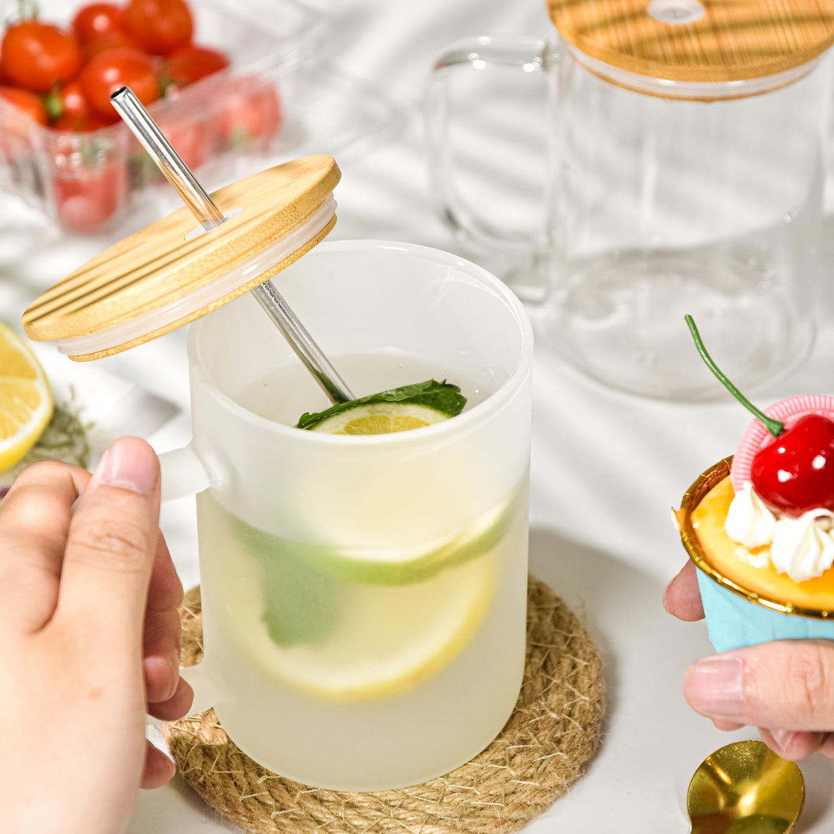 AGH 6 Pack Sublimation Glass Cups with Handles, 16oz Frosted Sublimation Blanks with Bamboo Lid and Stainless Steel Straw, Sublimation Mugs Tumbler AGH