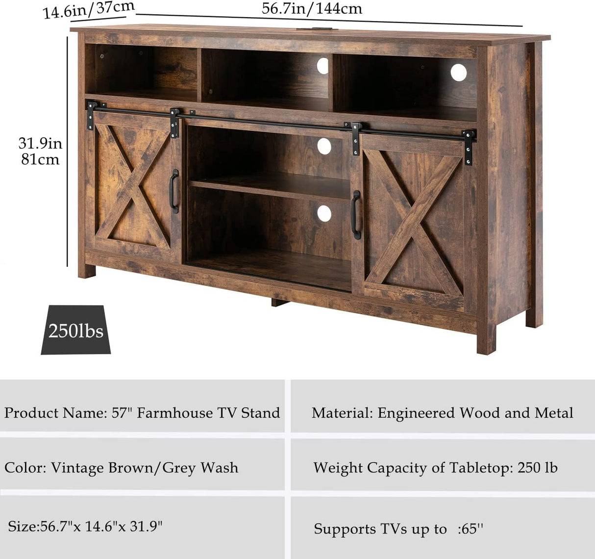 Vinctik 6&Fox 57In Wooden Farmhouse Entertainment Center for 60/65 inch TV,Double Layer Storage Farmhouse TV Stand,Double-Row Sockets with Wood Sliding Barn Door TV Stand,Adjustable Storage Shelf Vinctik 6&Fox