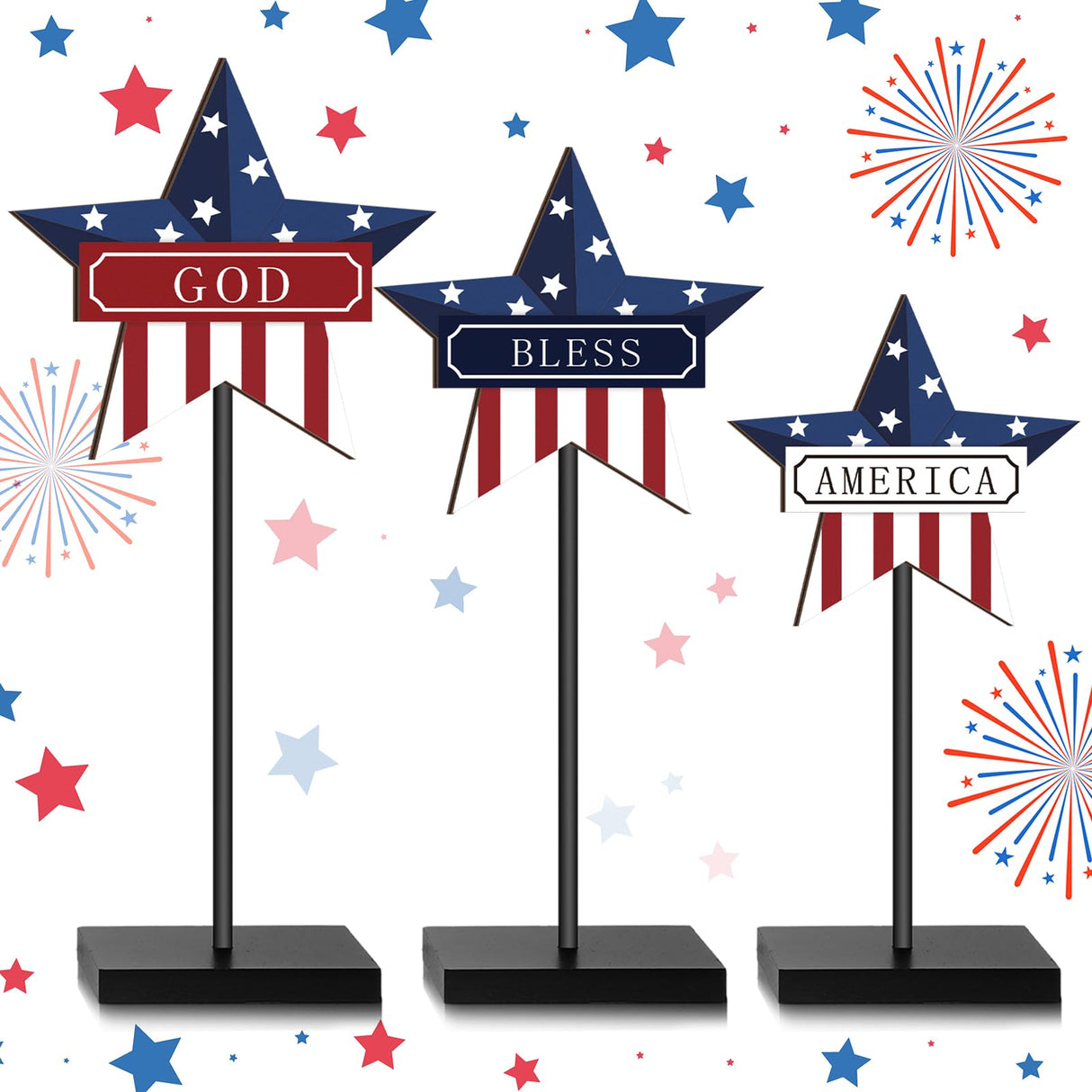 DoubleFill 3 Pieces Patriotic Decorations Memorial Day Wooden Star Tabletop Decor 4th of July Red White and Blue Star Sign for Independence Day Tiered Tray Table Home Decor DoubleFill