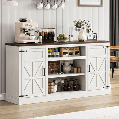 XVD 66" Farmhouse Coffee Bar with Charging Station, Sideboard Buffet with Large Storage, Wood Storage Cabinet with Adjustable Shelves for Kitchen, Living Room, Rustic White