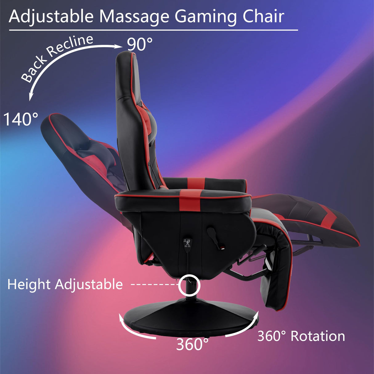 IBXFO Massage Gaming Chair for Adults, Heavy Duty Reclining Office Chair with Footrest, Adjustable Backrest and Cup Holder, Black Red IBXFO