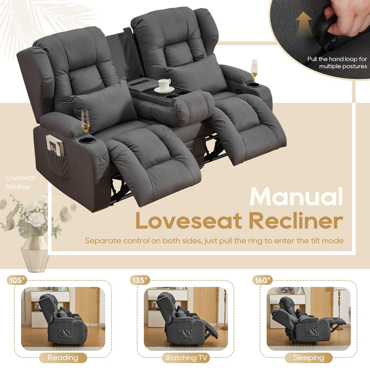 IPKIG 67" RV Loveseat Double Recliner Sofa with FILP Back Console, Storage Drawer, Side Pockets, Lychee Pattern Tech Fabric Manual Reclining Chair Home Theater Seating (Grey) IPKIG