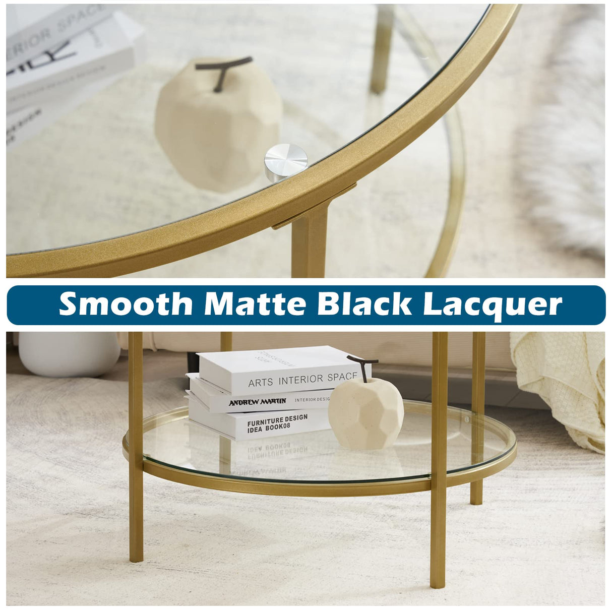 VINGLI Glass Coffee Table, 25.6" Round Champagne Gold Coffee Tables for Living Room, 2-Tier Glass Top Coffee Table with Storage Clear Coffee Table, Simple & Modern Center Table for Small Space VINGLI