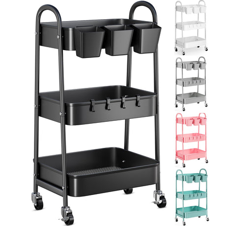 3 Tier Black Metal Rolling Cart with Lockable Wheels & Hanging Cups, Utility Storage Organizer for Bathroom, Kitchen, Laundry, Garage, Craft, Baby Diaper, Snack and Book, Easy Assembly Recximi