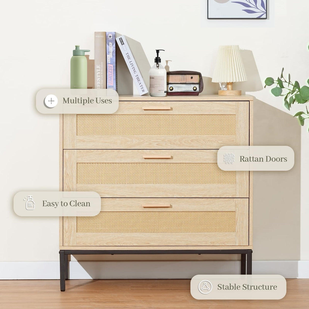 CCF Rattan Dresser 3 Drawer Dresser for Bedroom Mid Century Modern Dresser Natural Rattan Chest of Drawer Light Wood Dresser Boho Dressers for Entryway,Bedroom,Living Room,，Hallway，31.5'*31.5'*15' CCF