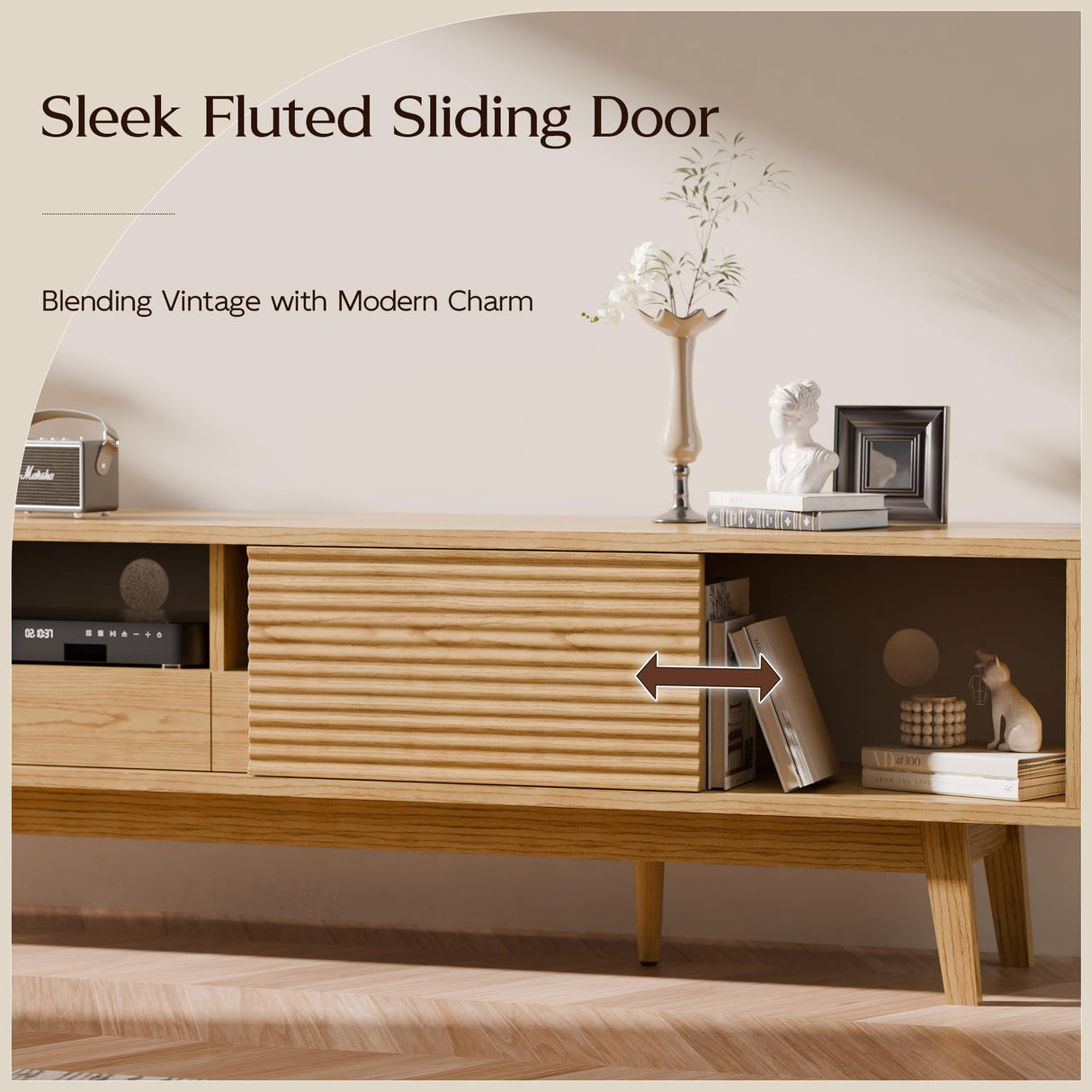 TOLEAD 70" TV Console, Mid Century Modern Media Console for 55/65/75 Inch TV, Low Profile TV Stand with Fluted Sliding Doors, Boho Light Wood Credenza for Living Room, Oak TOLEAD