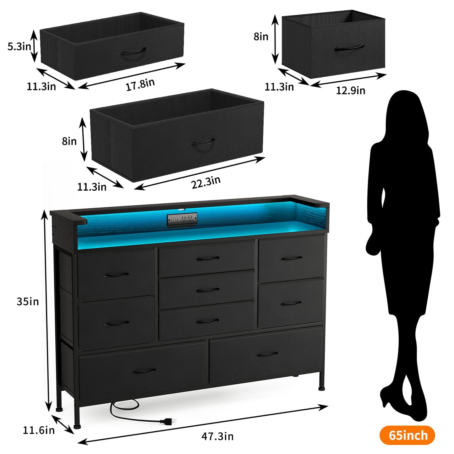 Fixwal Black LED Dresser for Bedroom, Dresser with 9 Drawers and Charging Station, Fabric Chest of Drawers with PU Finish for Nursery, Entryway, Living Room, Hallway - WoodArtSupply