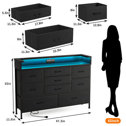 Fixwal Black LED Dresser for Bedroom, Dresser with 9 Drawers and Charging Station, Fabric Chest of Drawers with PU Finish for Nursery, Entryway, Living Room, Hallway - WoodArtSupply