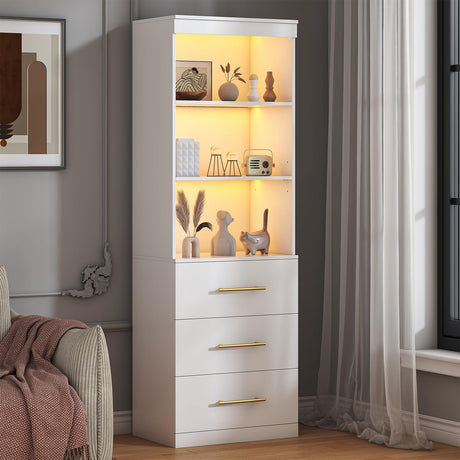 Winkalon 71“H White Bookshelf with LED Light, Bookcase and Bookshelf with Drawers, Tall Bookcase Tall Storage Cabinet 3-Tier Open Shelves for Home Office Living Room Bedroom, 15.8"D x 23.6"W x 70.9"H Winkalon
