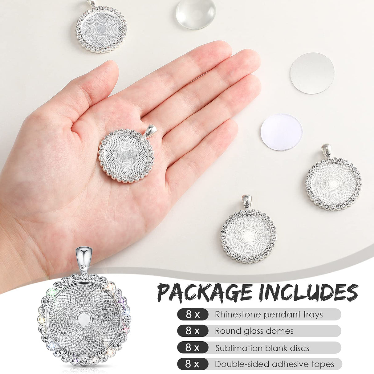 Hicarer 32 Pcs Sublimation Necklace Blank Round Rhinestone Bezel Pendant Trays Set with Glass Domes Sublimation Blank Discs Double Sided Adhesive Tape for DIY Wedding Birthday Graduation Jewelry Gifts Hicarer