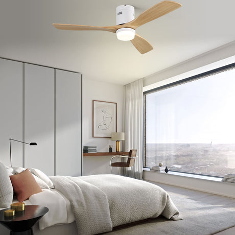 Sofucor 52 Inch Low Profile Ceiling Fan With Light 3 Carved Wood Fan Blade Modern Flush Mount Ceiling Fan Noiseless Reversible DC Motor Remote Control for Indoor/Outdoor Use (Natural Wood Color) Sofucor