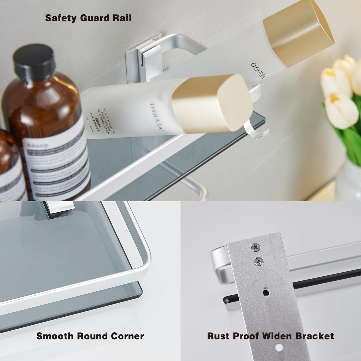 VOLPONE Glass Shelf for Bathroom 15.7 in Bathroom Shelves with Towel Bar Tempered Glass Shelves with 4 Removable Hooks for Wall（2 Tier） VOLPONE