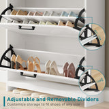 Farmhouse Shoe Cabinet with Coat Rack, Tall Shoe Cabinet with 2 Flip Drawers, Narrow Hidden Shoe Storage Cabinet, 2 in 1 Hall Tree Slim Freestanding Shoe Rack Organizer for Entryway, LED Light, White RALGEND