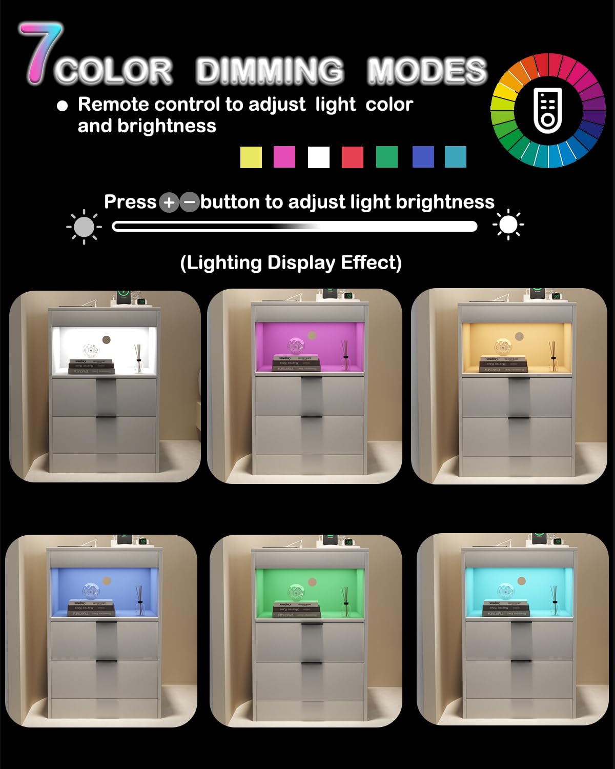 Gadroad LED Nightstand with Charging Station, Bedside Table with 3 Drawers and LED Lights, End Table Sofa Couch Side Table with Pull-Out Shelf, White Gadroad