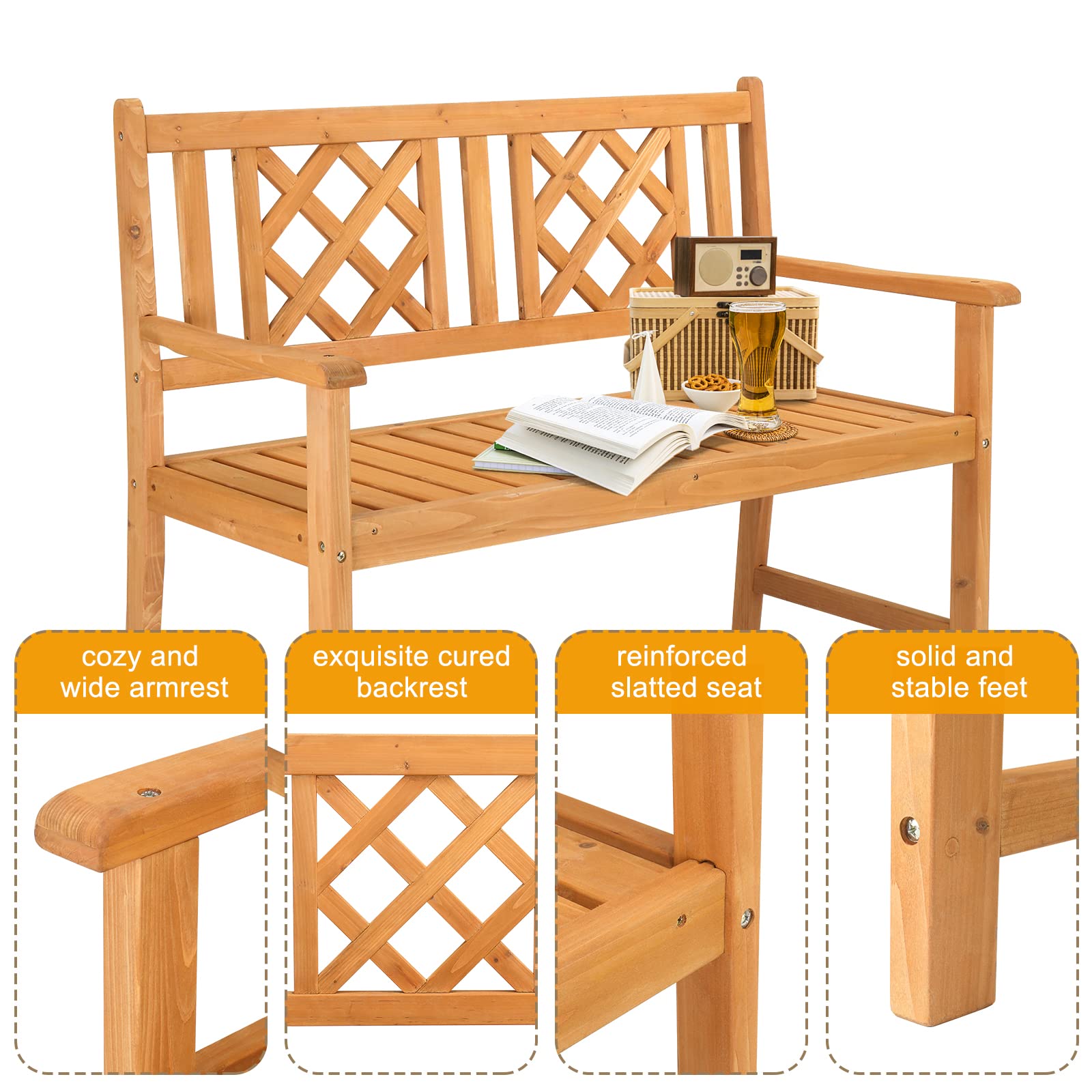 Outvita Rustic Solid Wood Garden Bench for Two - Durable Outdoor Loveseat with Armrests and Grid Backrest - WoodArtSupply