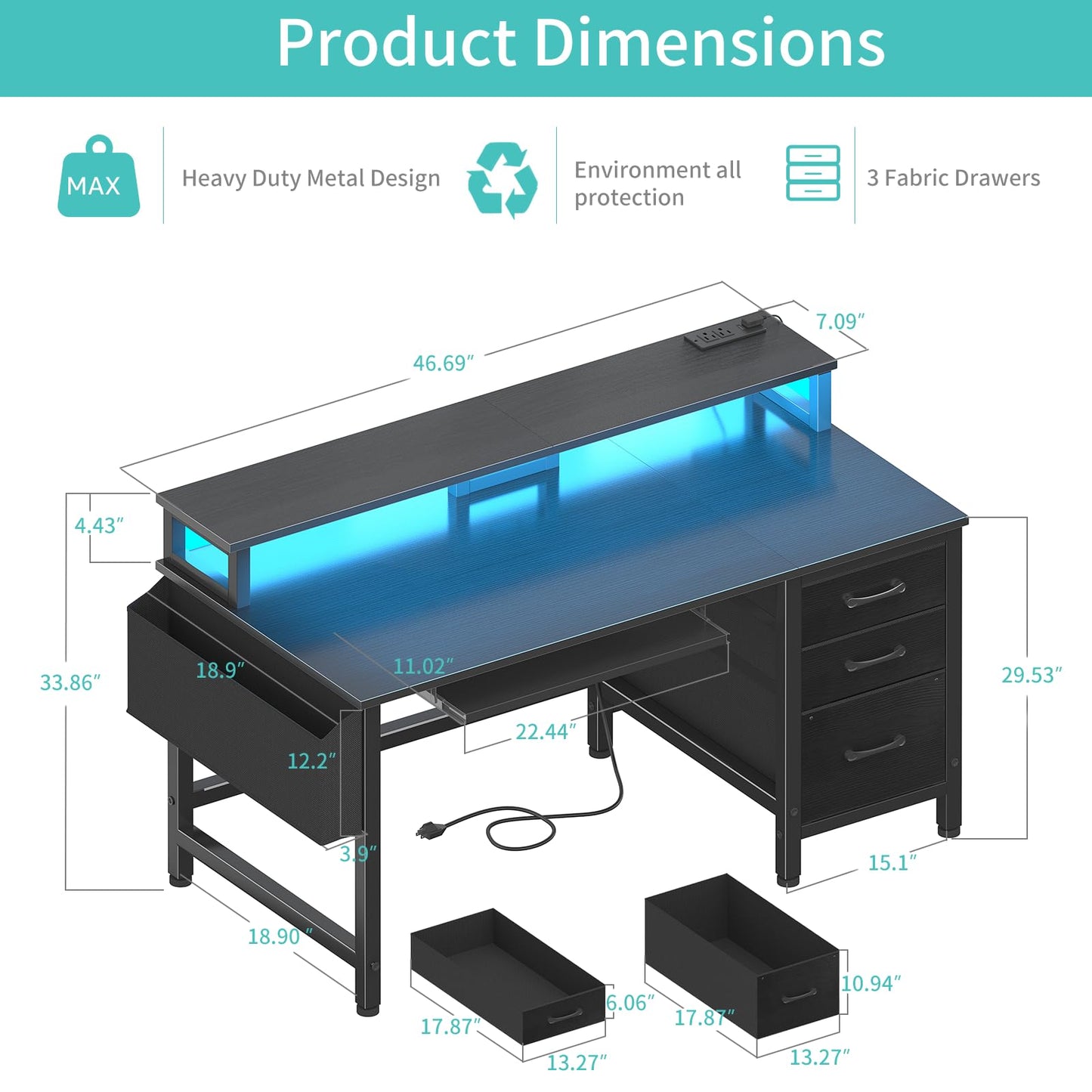 Lufeiya Gaming Desk with LED Lights and Power Outlets, 47 Inch Home Office Desks with Keyboard Tray, Computer Desk with File Drawers Cabinet, Writing Table PC Desks with Monitor Stand, Black - WoodArtSupply