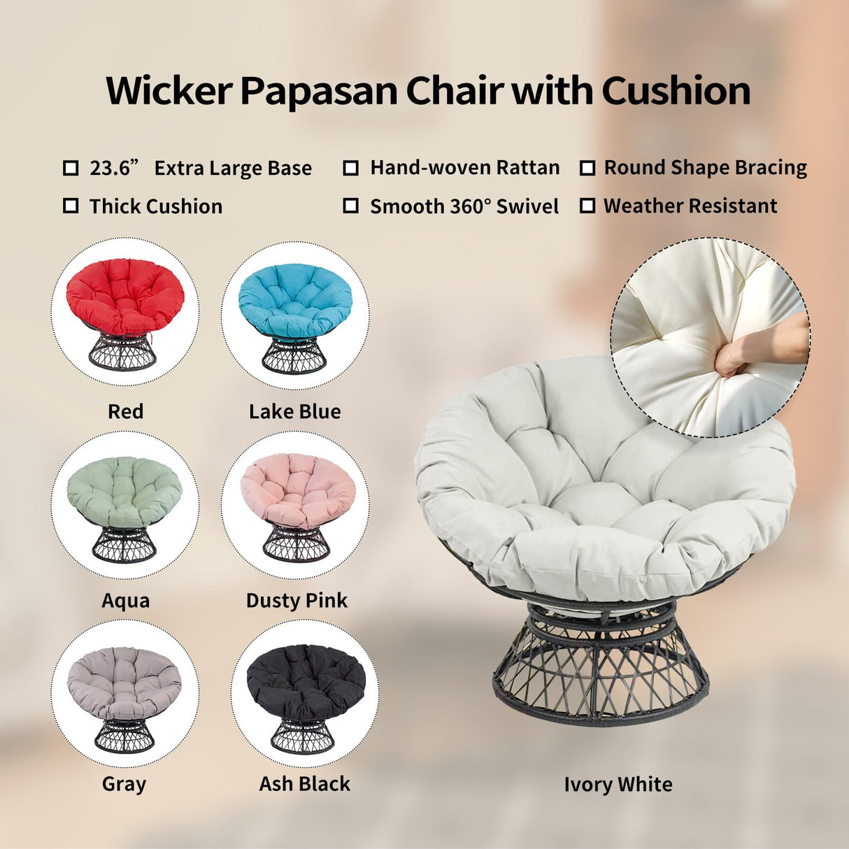 Hubhalsun 360° Swivel Papasan Chair - 350lbs Capacity Indoor/Outdoor Wicker Lounge Chair with Thick Cushion, Modern Accent Chair for Living Room, Bedroom, Patio Hubhalsun