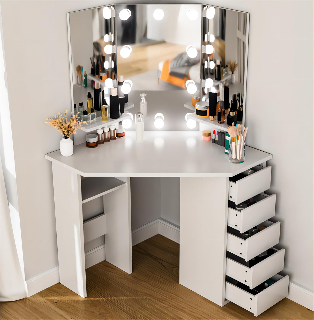 Corner Makeup Vanity Desk with Mirror and Lights - White Vanity Table with 3 Lighted Mirrors 5 Drawers Bedroom Makeup Table with Storage Shelf 44'' Dressing Table for Women Girls Soldow